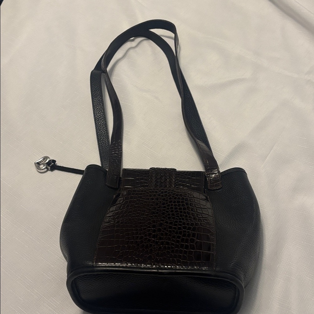 VTG Brighton Black Crocodile Print Brown Pebble Leather Bucket Tote Shoulder Bag - Picture 3 of 12